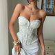 Blue Floral Floral Embroidered Lace-Up Corset Tube Top With Fishbone Buttons