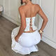 Blue Floral Floral Embroidered Lace-Up Corset Tube Top With Fishbone Buttons