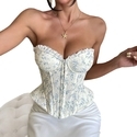 Blue Floral Floral Embroidered Lace-Up Corset Tube Top With Fishbone Buttons