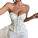 Blue Floral Floral Embroidered Lace-Up Corset Tube Top With Fishbone Buttons