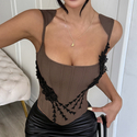 Brown Embroidered Fishbone Tube Top Waist-Cinching Slim Fit Camisole
