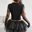 Black Sheer Lace Lace-Up Long Sleeve Slim Fit Top