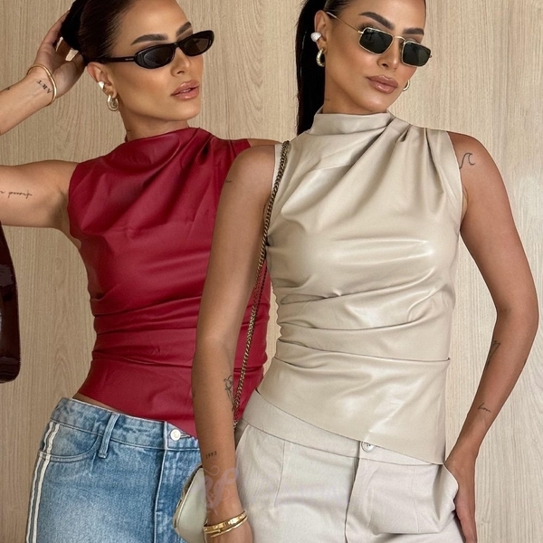Sleeveless Leather Vest With Stand Collar And Cinched Waist