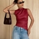 Sleeveless Leather Vest With Stand Collar And Cinched Waist