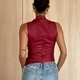 Sleeveless Leather Vest With Stand Collar And Cinched Waist