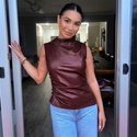Sleeveless Leather Vest With Stand Collar And Cinched Waist