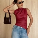 Sleeveless Leather Vest With Stand Collar And Cinched Waist