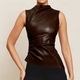 Sleeveless Leather Vest With Stand Collar And Cinched Waist