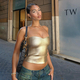 Gold Solid Color Sleeveless Crop Tube Top With Gold Stamping