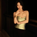 Gold Solid Color Sleeveless Crop Tube Top With Gold Stamping