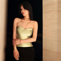 Gold Solid Color Sleeveless Crop Tube Top With Gold Stamping