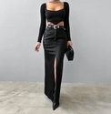 High Waist Leather Slit Midi Skirt