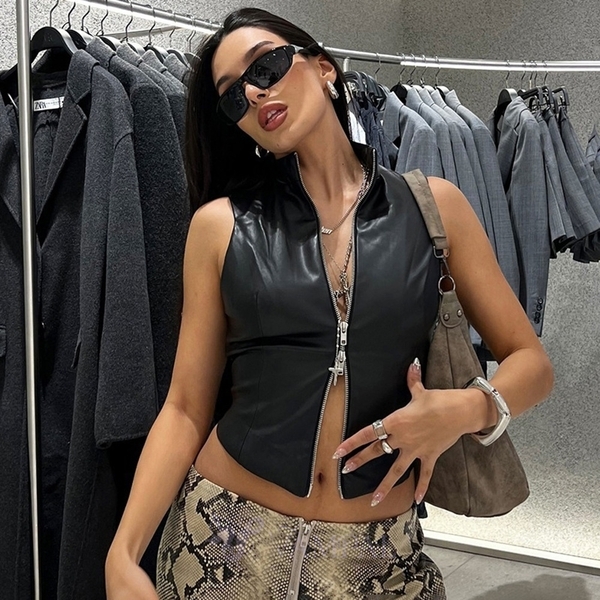 Black Stand Collar Backless Slim Fit Crop PU Vest Top