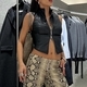 Black Stand Collar Backless Slim Fit Crop PU Vest Top
