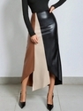 Black PU Color Block High Waist Midi Skirt