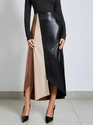 Black PU Color Block High Waist Midi Skirt
