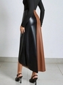 Black PU Color Block High Waist Midi Skirt