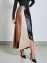Black PU Color Block High Waist Midi Skirt