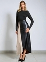 Black PU Color Block High Waist Midi Skirt