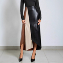 Black PU Color Block High Waist Midi Skirt