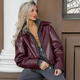Women's Faux Leather Biker Jacket Loose Fit Zip Outerwear