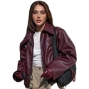 Women's Faux Leather Biker Jacket Loose Fit Zip Outerwear