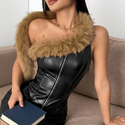 Schwarzes Damen-Corset-Bustier aus PU-Leder mit Kunstfellbesatz, taillenbetonendes Cami-Top