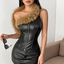Schwarzes Damen-Corset-Bustier aus PU-Leder mit Kunstfellbesatz, taillenbetonendes Cami-Top