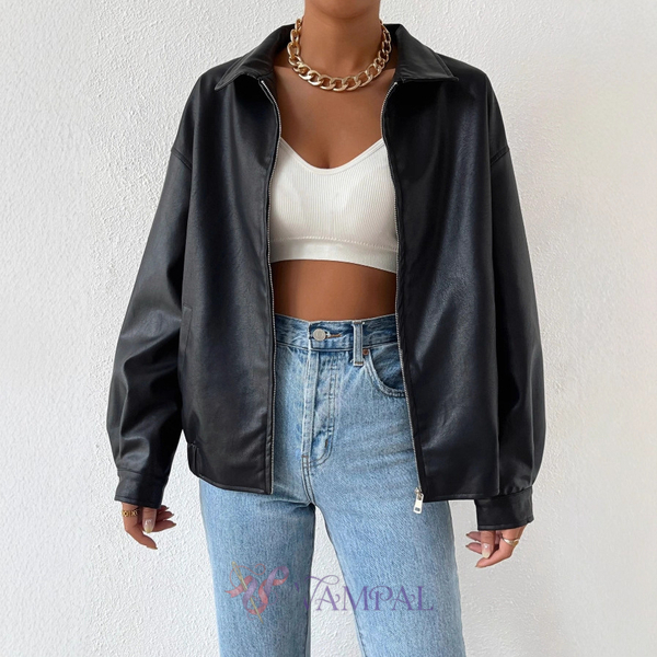 Black Retro Moto Leather Jacket For Women