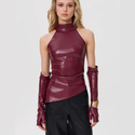 Women's PU Faux Leather Off-Shoulder Vest Top With Stand Collar