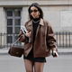 Vintage Brown Leather Jacket Women's Loose Suit Collar Mid-Length Outerwear