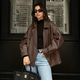 Vintage Brown Leather Jacket Women's Loose Suit Collar Mid-Length Outerwear
