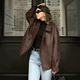Vintage Brown Leather Jacket Women's Loose Suit Collar Mid-Length Outerwear