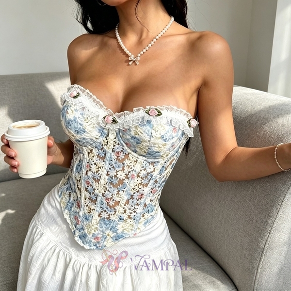 Elegant Lace Floral Corset Crop Top With Button-Up Front