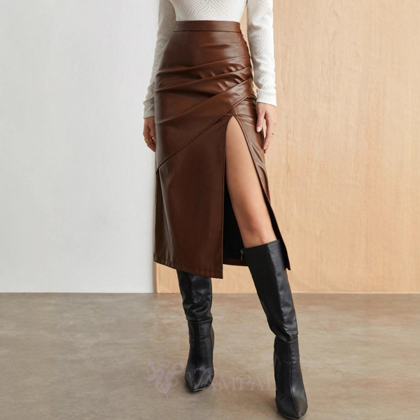 High Waist Bodycon Leather Midi Skirt With Slit