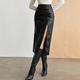 High-Waist-Bodycon-Leder-Midirock mit Schlitz