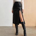 High Waist Bodycon Leather Midi Skirt With Slit