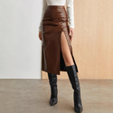 High Waist Bodycon Leather Midi Skirt With Slit