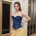 Blue Plaid Print Lace-Up Fishbone Corset Tube Top Vest