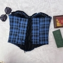 Blue Plaid Print Lace-Up Fishbone Corset Tube Top Vest