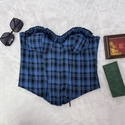 Blue Plaid Print Lace-Up Fishbone Corset Tube Top Vest