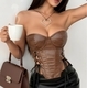 Dark brown Low-Cut Off-Shoulder Leather-Look Backless Tube Top