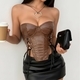 Dark brown Low-Cut Off-Shoulder Leather-Look Backless Tube Top