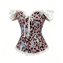 Rosa geblümt, Leopardendruck, Jacquard-Fischbein-Corset, Off-Shoulder-Puffärmel
