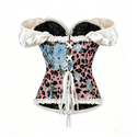 Rosa geblümt, Leopardendruck, Jacquard-Fischbein-Corset, Off-Shoulder-Puffärmel