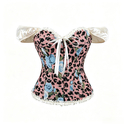 Rosa geblümt, Leopardendruck, Jacquard-Fischbein-Corset, Off-Shoulder-Puffärmel