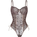 Light Brown French Mesh Embroidered Underwire Push-Up Bodysuit Lingerie