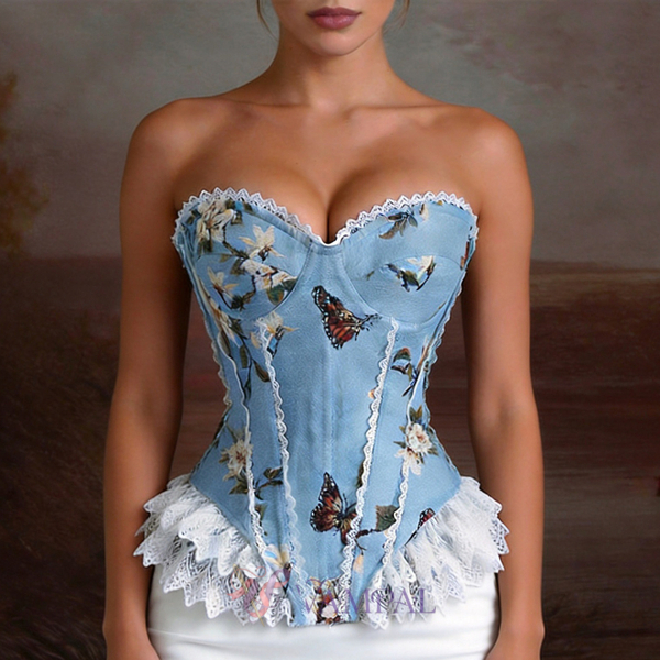 Women's Yarn-Dyed Lace Corset Tube Top Waist Cincher