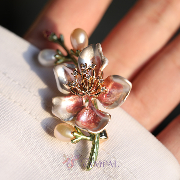 French-Style Qipao Enamel Freshwater Pearl Peach Blossom Brooch Pin