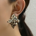 Square Twisted Pleated Metal Stud Earrings With Leopard Print